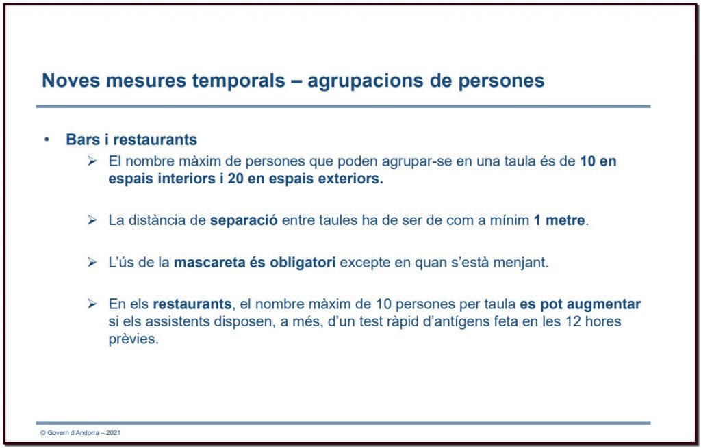 COVID-19 ANDORRA Noves mesures temporals | agrupacions de persones a Restaurants