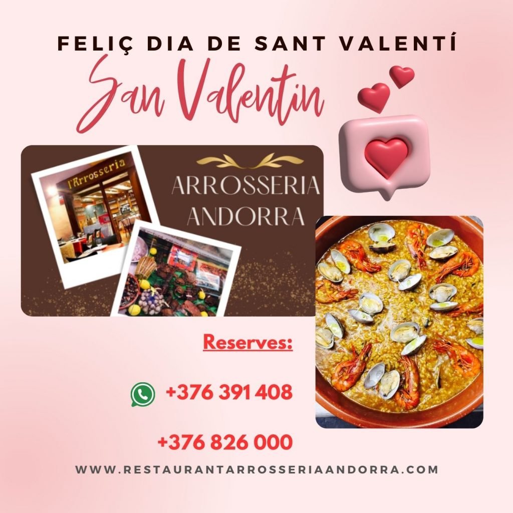 💕 Sant Valentí a l'Arrosseria 💕 🍽️ Reservem el 14 de febrer per a una nit inoblidable!🍽️ Estimades parelles, No deixeu escapar l'oportunitat de celebrar l'amor en un ambient acollidor i amb una cuina exquisida al Restaurant l'Arrosseria Andorra. 🌹 Sopar de Sant Valentí🌹 ✨ Opció Menú ✨ Plats preparats amb amor ✨ Atmosfera romàntica ✨ Música en viu 📅 Data: 14 de febrer ⏰ Hora: A partir de les 20:00 h Recordeu reservar la vostra taula ara per assegurar-vos una vetllada màgica! 📞 Truca'ns al +376826000 o visita'ns a l'Arrosseria per a més informació. 🎁 Sorprèn la teva persona estimada amb una experiència gastronòmica única
